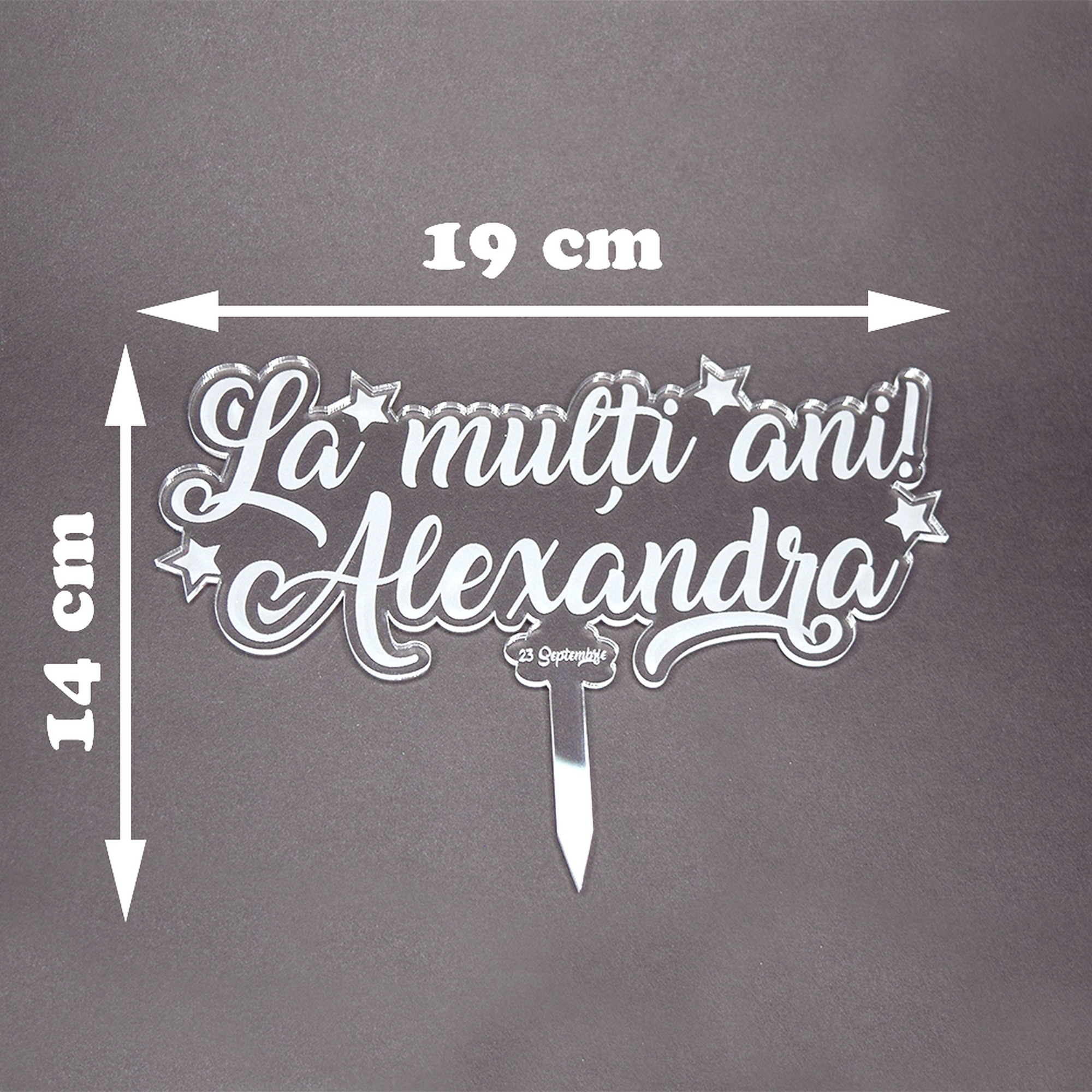Topper Tort Personalizat Transparent - "La Mulți Ani" Cu Nume Și Dată